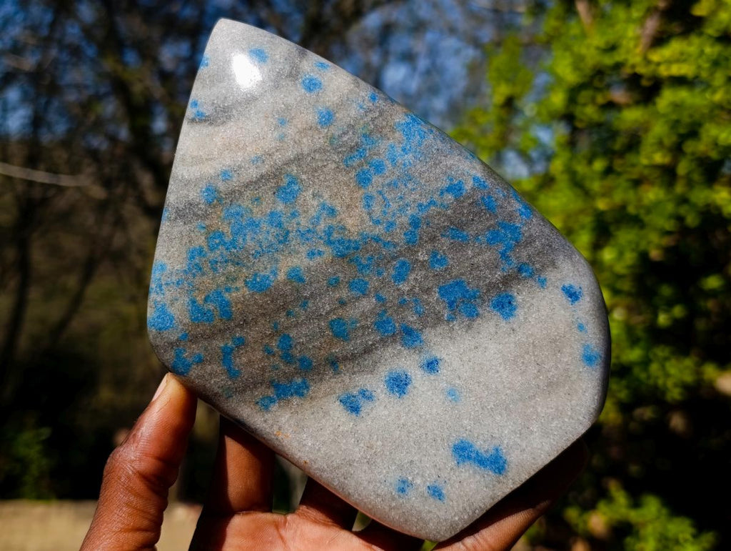 Polished Blue Spotted Spinel in Quartz Standing Display Pieces x 2 From Madagascar - Toprock Gemstones and Minerals 