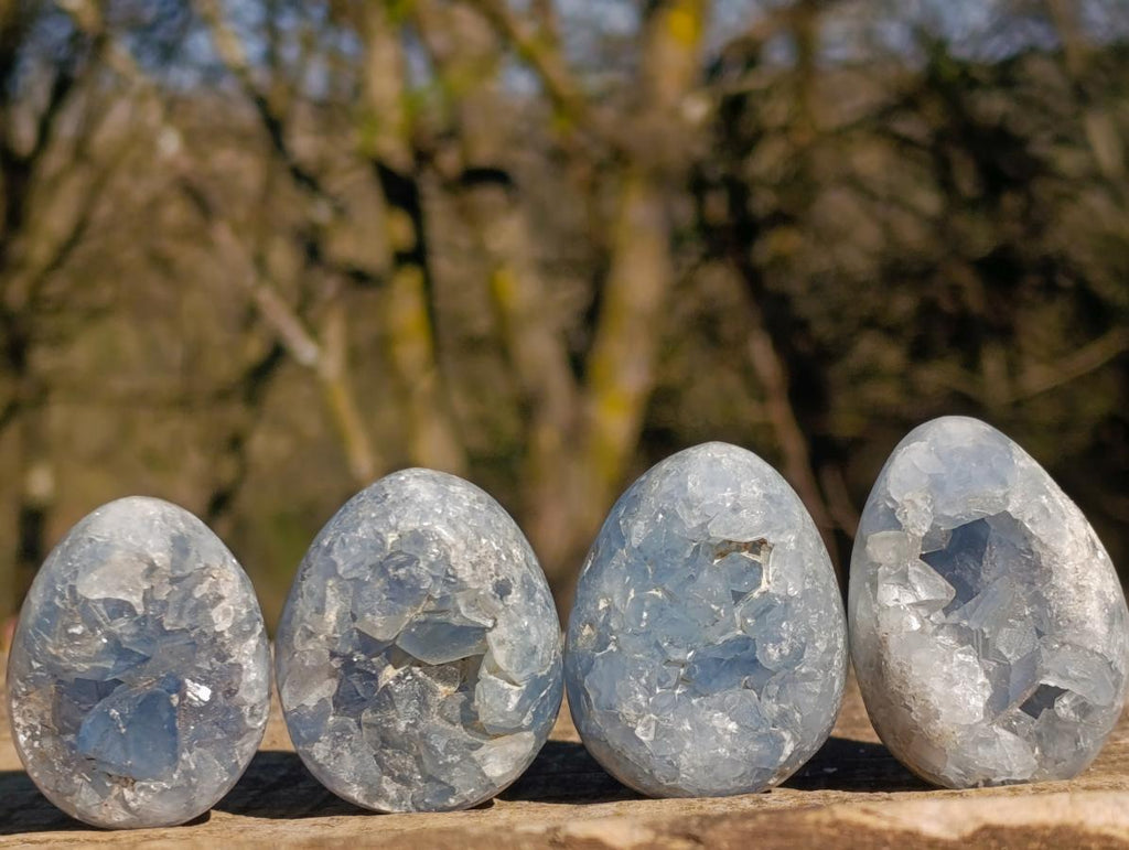 Polished and Natural Small Blue Celestite Eggs x 12 From Sakoany, Madagascar - Toprock Gemstones and Minerals 