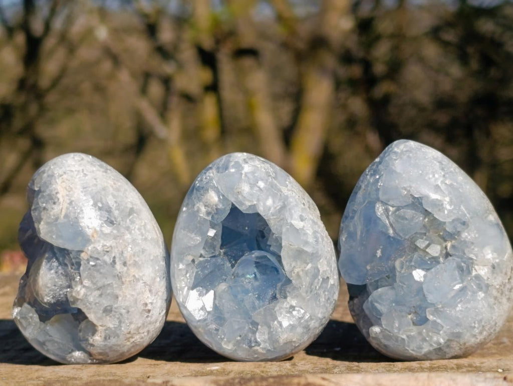 Polished and Natural Small Blue Celestite Eggs x 12 From Sakoany, Madagascar - Toprock Gemstones and Minerals 