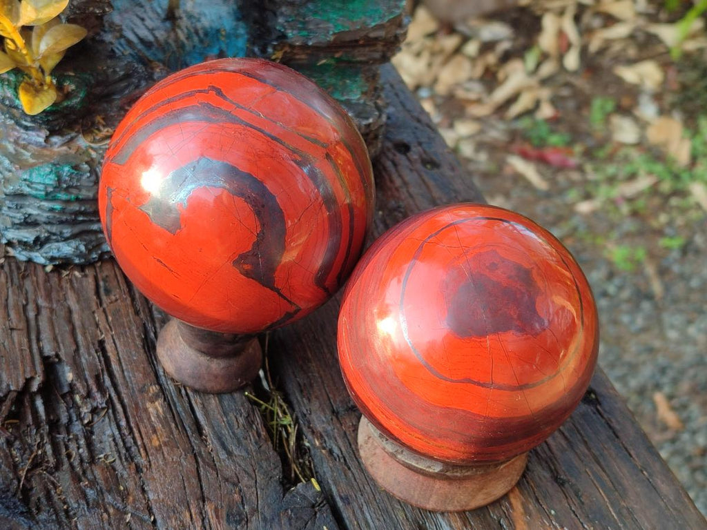 Polished Banded Red Jasper Spheres with Siliver Hematite x 2 From Zimbabwe - Toprock Gemstones and Minerals 