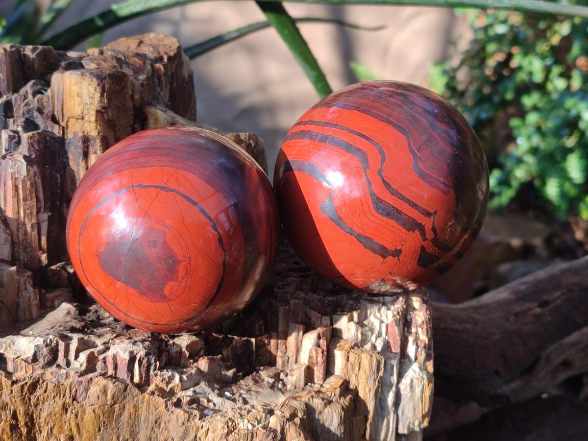 Polished Banded Red Jasper Spheres with Siliver Hematite x 2 From Zimbabwe - Toprock Gemstones and Minerals 
