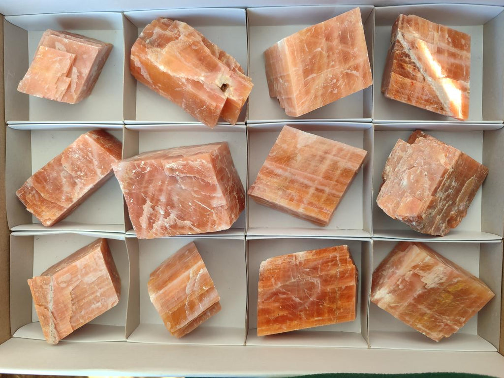 Natural Rhombohedral Sunset Deep Orange Calcite Specimens x 12 From Spitzkop, Namibia - Toprock Gemstones and Minerals 
