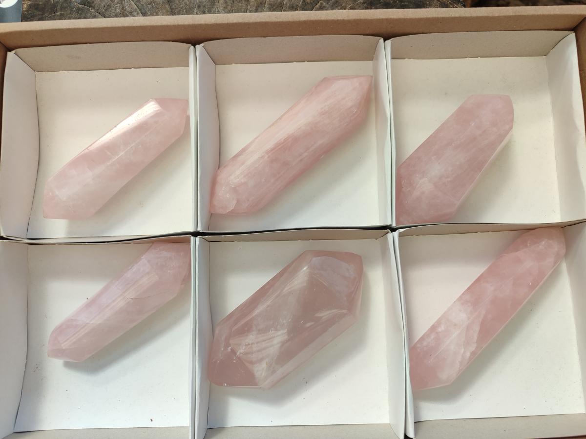 Polished Large Double Terminated Gemmy Rose Quartz Crystals x 6 From Madagascar - Toprock Gemstones and Minerals 