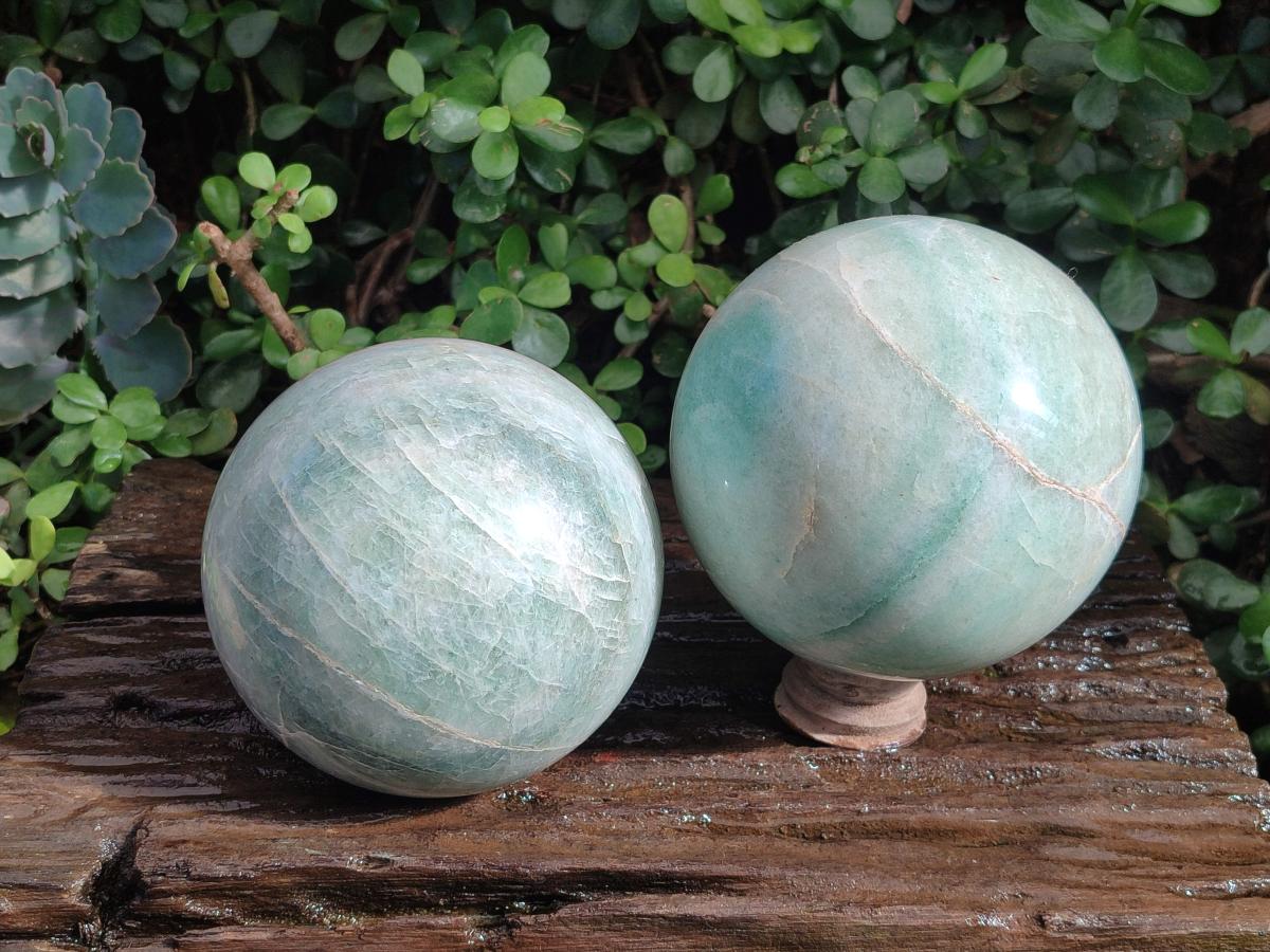 Polished Large Green and White Banded Aventurine Spheres x 2 From South Africa - Toprock Gemstones and Minerals 