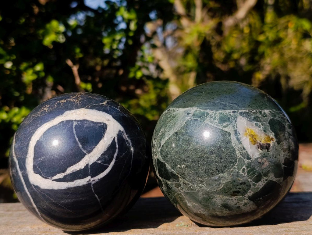 Polished Large Black and Green Marble Spheres x 2 From Rustenburg, South Africa - Toprock Gemstones and Minerals 