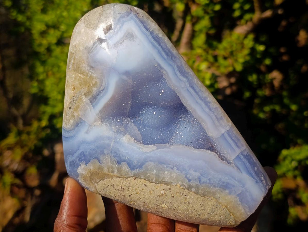 Polished and Natural Blue Lace Agate Free Form and Standing Display Piece x 2 From Nsanje, Malawi - Toprock Gemstones and Minerals 