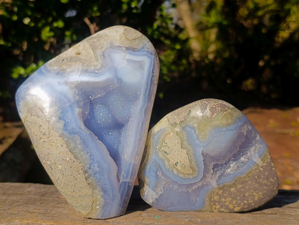 Polished and Natural Blue Lace Agate Free Form and Standing Display Piece x 2 From Nsanje, Malawi - Toprock Gemstones and Minerals 