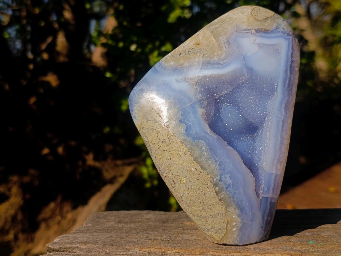 Polished and Natural Blue Lace Agate Free Form and Standing Display Piece x 2 From Nsanje, Malawi - Toprock Gemstones and Minerals 