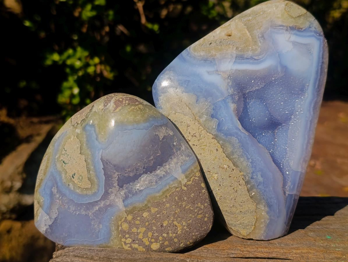 Polished and Natural Blue Lace Agate Free Form and Standing Display Piece x 2 From Nsanje, Malawi - Toprock Gemstones and Minerals 