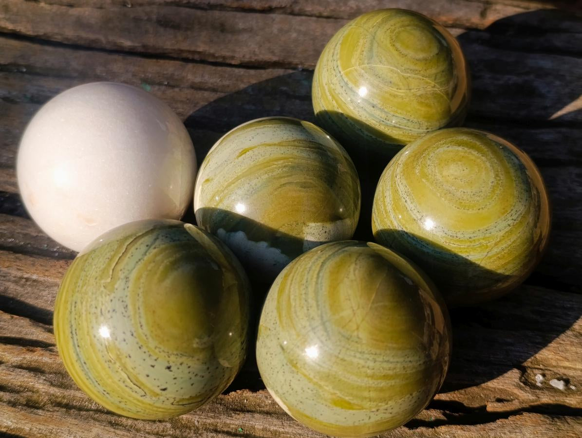 Polished Butter Jade Spheres x 6 From Bronkhorstspruit, South Africa - Toprock Gemstones and Minerals 