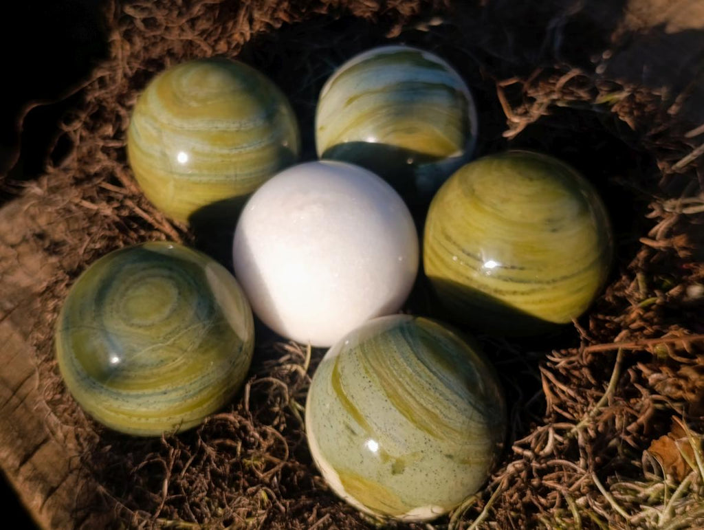 Polished Butter Jade Spheres x 6 From Bronkhorstspruit, South Africa - Toprock Gemstones and Minerals 