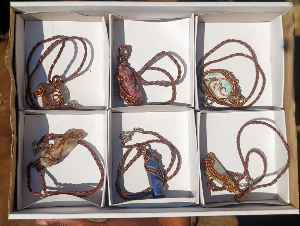 Hand Made Mix of Various Stone Copper Wire Wrapped Necklaces x 6 From South Africa - Toprock Gemstones and Minerals 