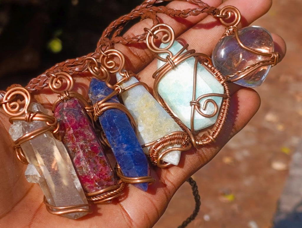 Hand Made Mix of Various Stone Copper Wire Wrapped Necklaces x 6 From South Africa - Toprock Gemstones and Minerals 