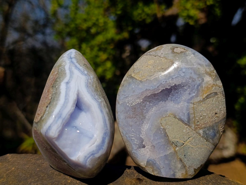 Polished and Natural Blue Lace Agate Standing Display Pieces x 5 From Nsanje, Malawi - Toprock Gemstones and Minerals 