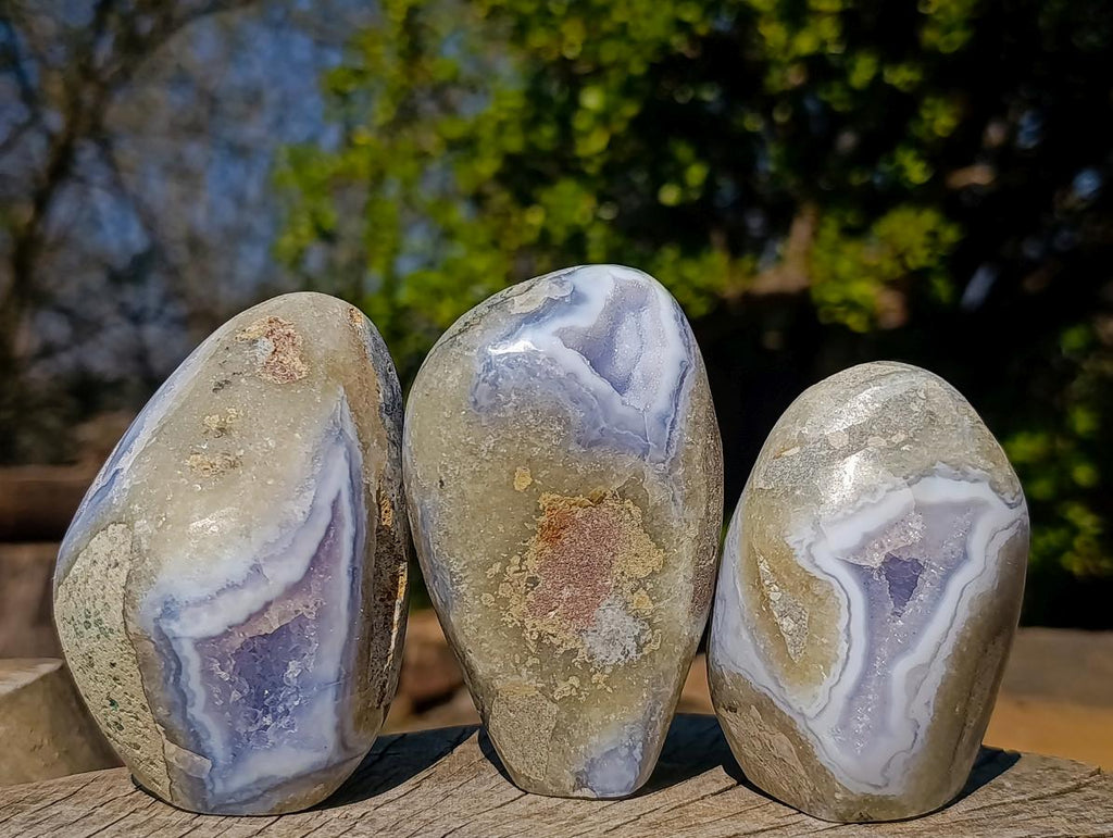 Polished and Natural Blue Lace Agate Standing Display Pieces x 5 From Nsanje, Malawi - Toprock Gemstones and Minerals 