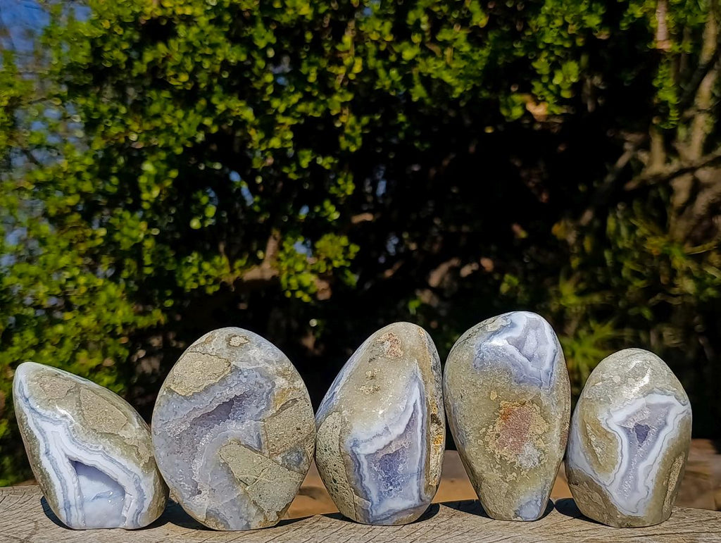 Polished and Natural Blue Lace Agate Standing Display Pieces x 5 From Nsanje, Malawi - Toprock Gemstones and Minerals 