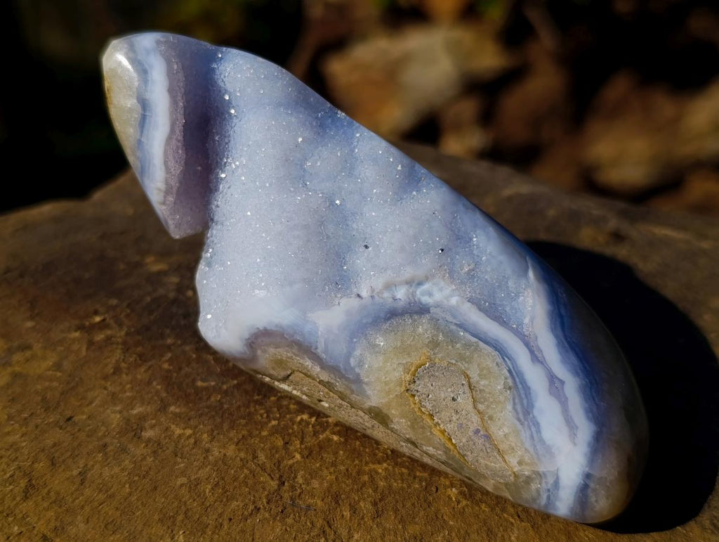 Polished and Natural Blue Lace Agate Free Forms and a Standing Display Piece x 3 From Nsanje, Malawi - Toprock Gemstones and Minerals 