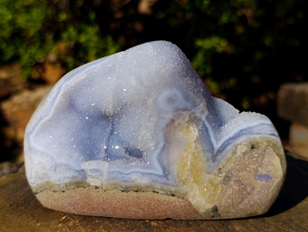 Polished and Natural Blue Lace Agate Free Forms and a Standing Display Piece x 3 From Nsanje, Malawi - Toprock Gemstones and Minerals 