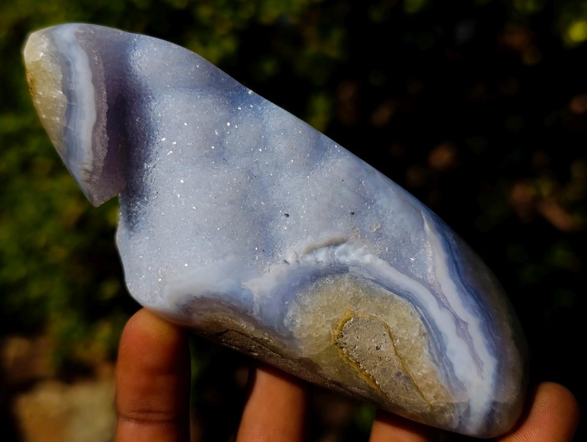 Polished and Natural Blue Lace Agate Free Forms and a Standing Display Piece x 3 From Nsanje, Malawi - Toprock Gemstones and Minerals 