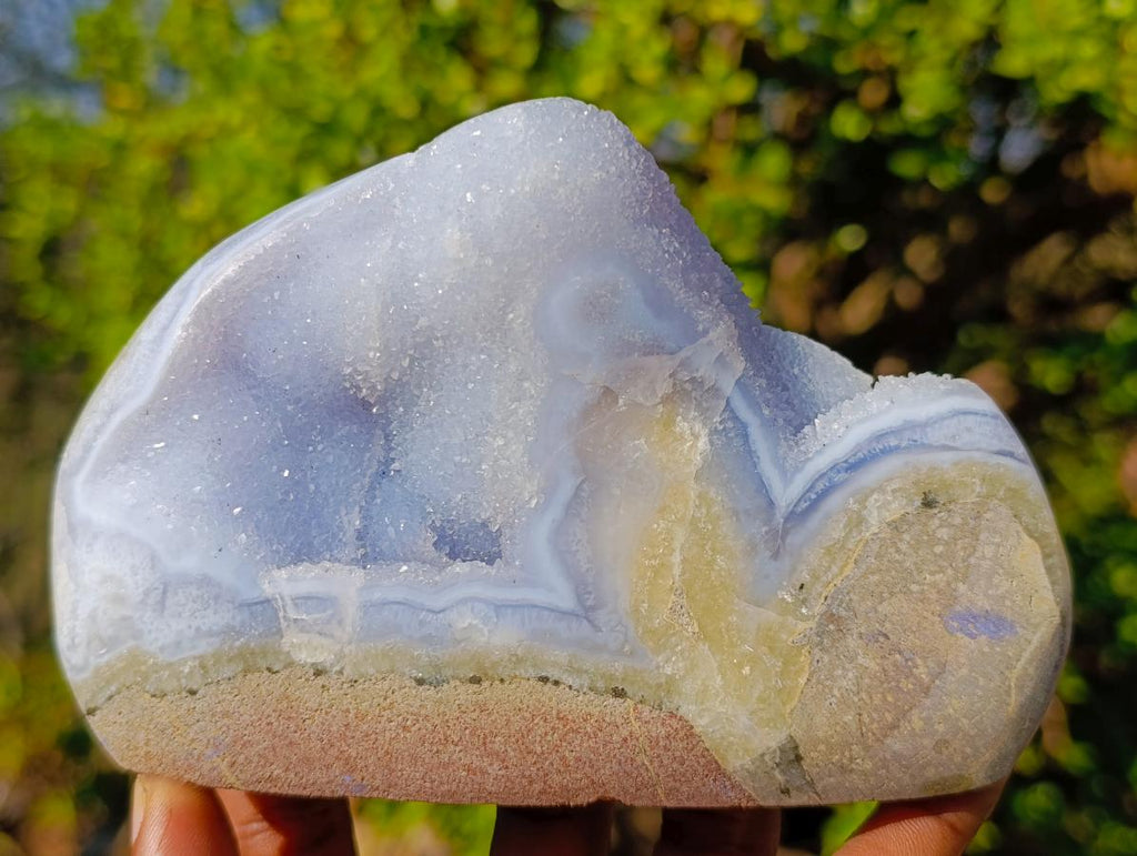 Polished and Natural Blue Lace Agate Free Forms and a Standing Display Piece x 3 From Nsanje, Malawi - Toprock Gemstones and Minerals 