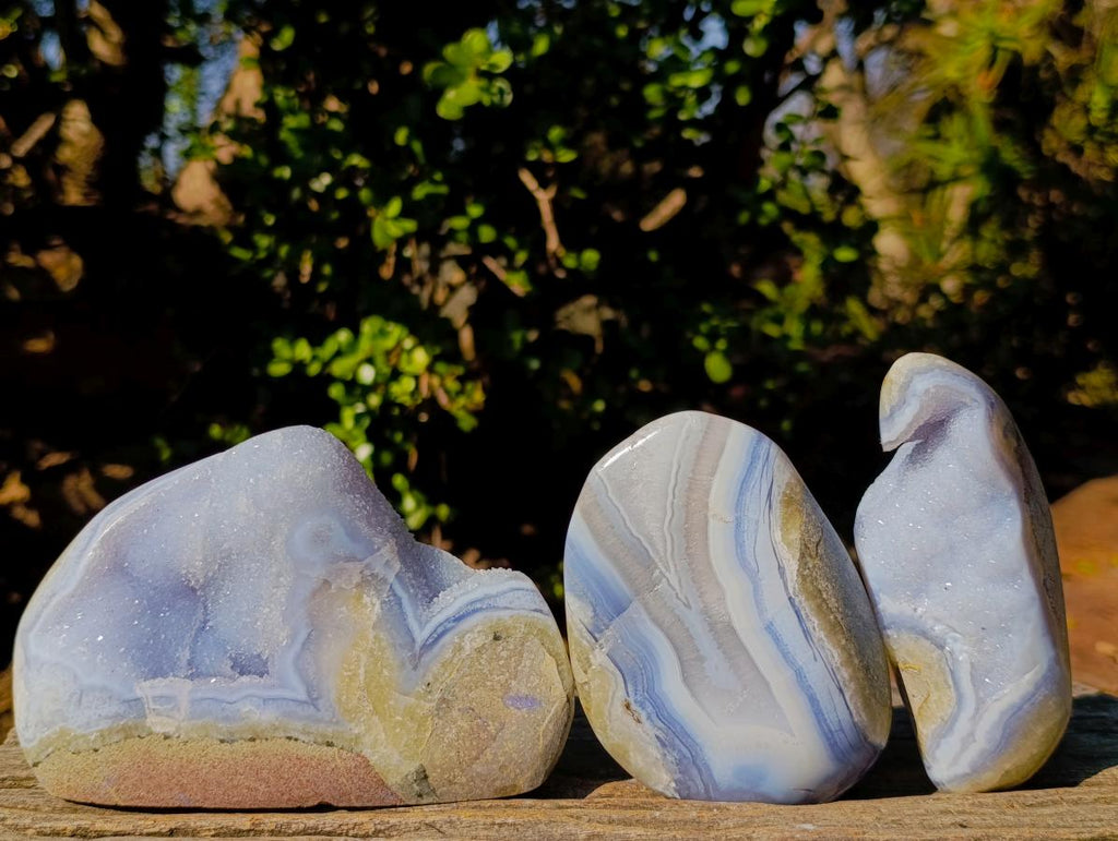 Polished and Natural Blue Lace Agate Free Forms and a Standing Display Piece x 3 From Nsanje, Malawi - Toprock Gemstones and Minerals 