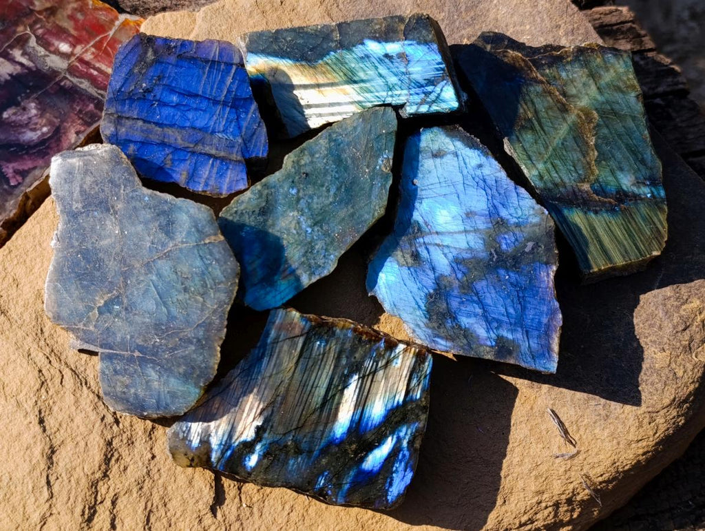 Polished One Side Labradorite Slices x 12 From Madagascar - Toprock Gemstones and Minerals 