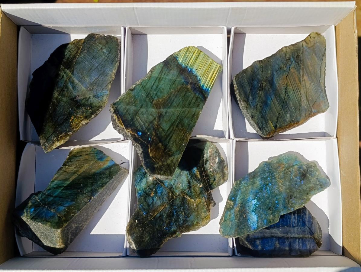 Polished One Side Labradorite Slices x 12 From Madagascar - Toprock Gemstones and Minerals 