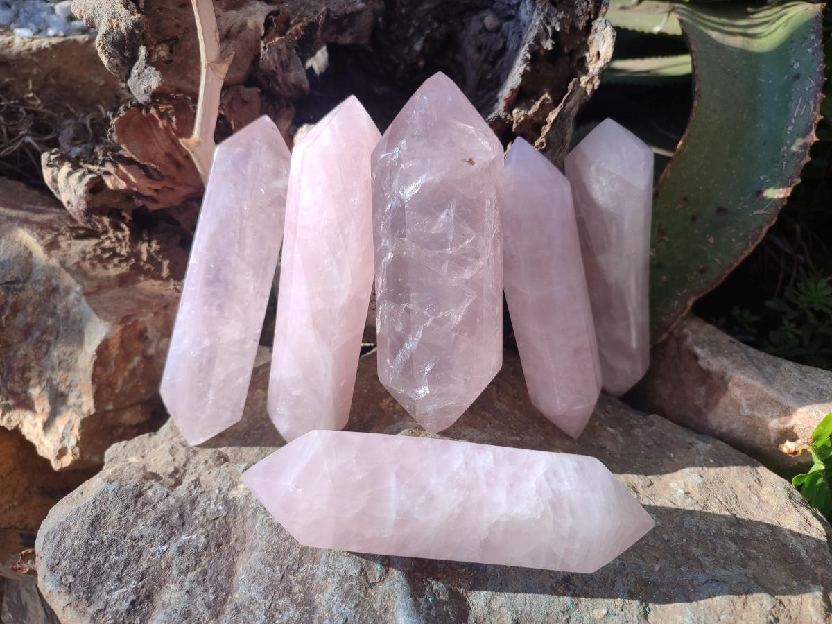 Polished Double Terminated Gemmy Rose Quartz Crystals x 6 From Madagascar - Toprock Gemstones and Minerals 