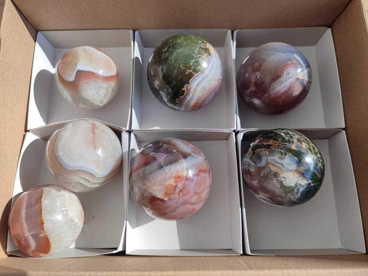Polished Red Shashe River Banded Agate Spheres x 7 From Shashe River, Zimbabwe - Toprock Gemstones and Minerals 