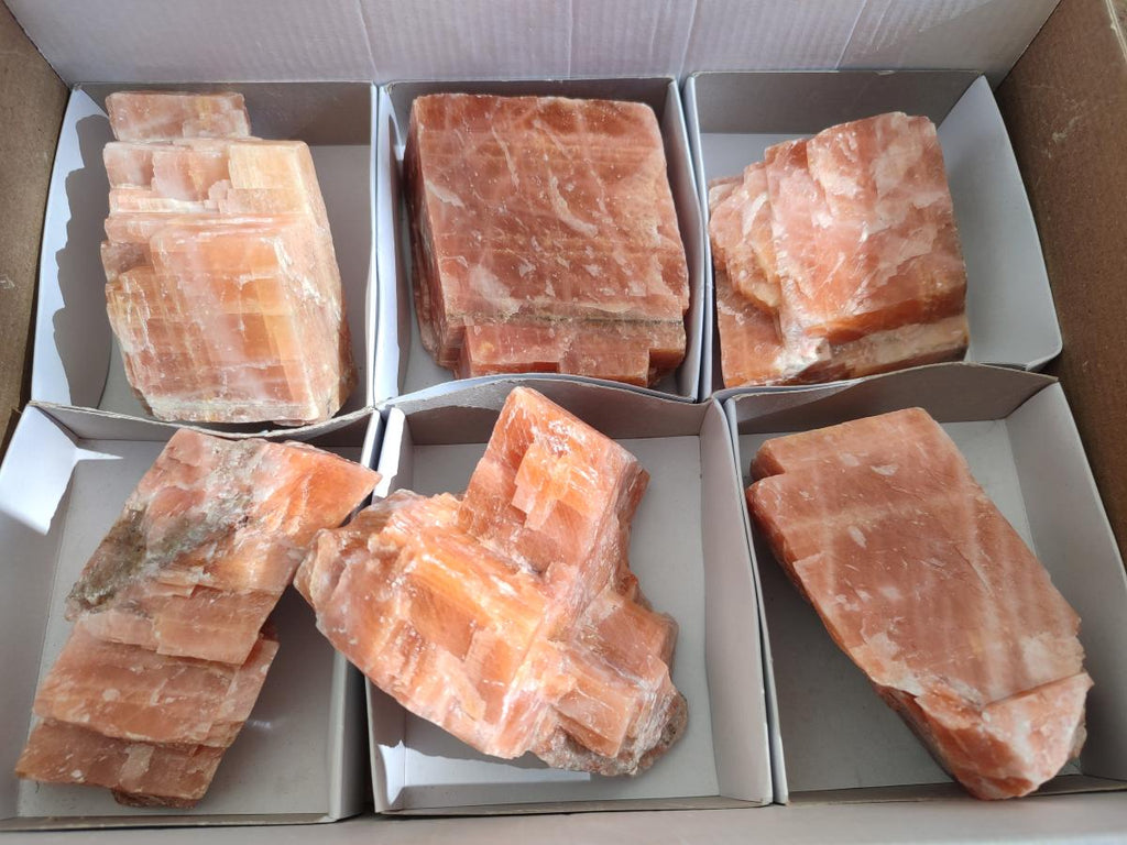 Natural Rhombohedral Sunset Orange Calcite Specimens x 6 From Spitzkop, Namibia - Toprock Gemstones and Minerals 