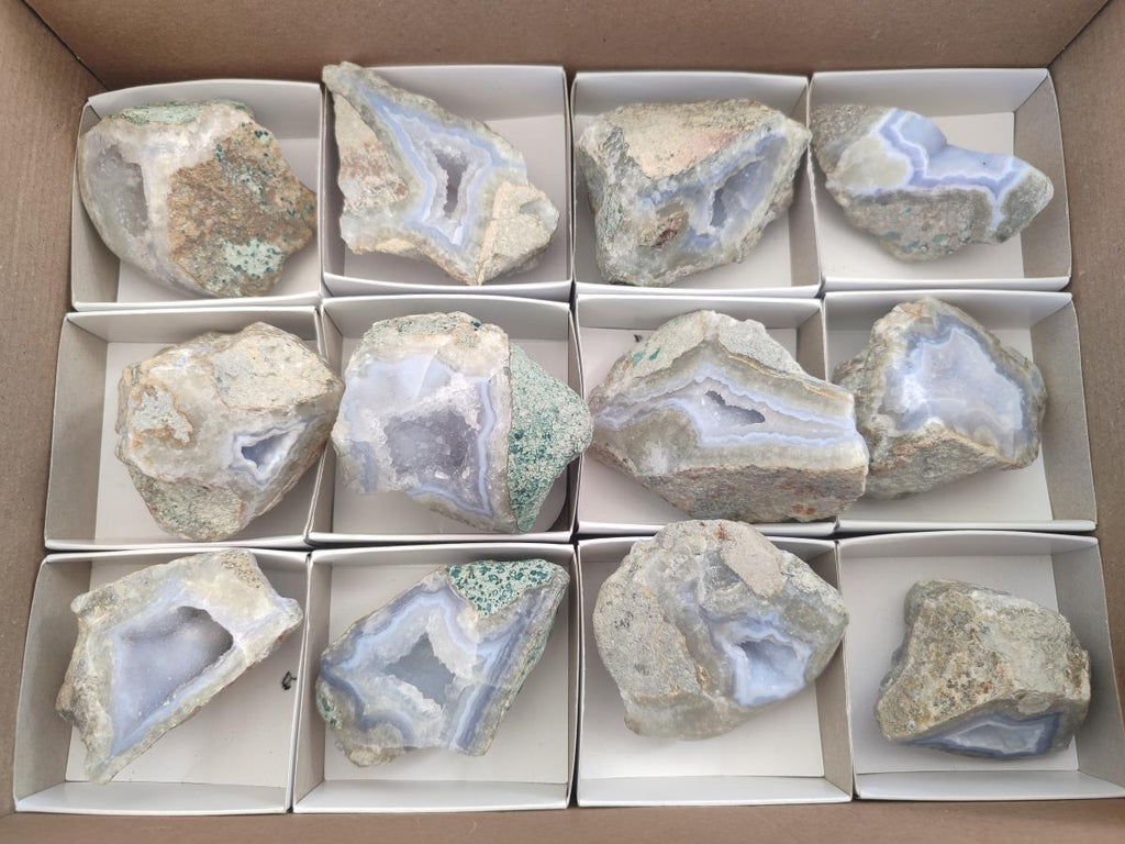 Polished One Side Blue Lace Agate Geodes x 12 From Nsanje, Malawi - Toprock Gemstones and Minerals 