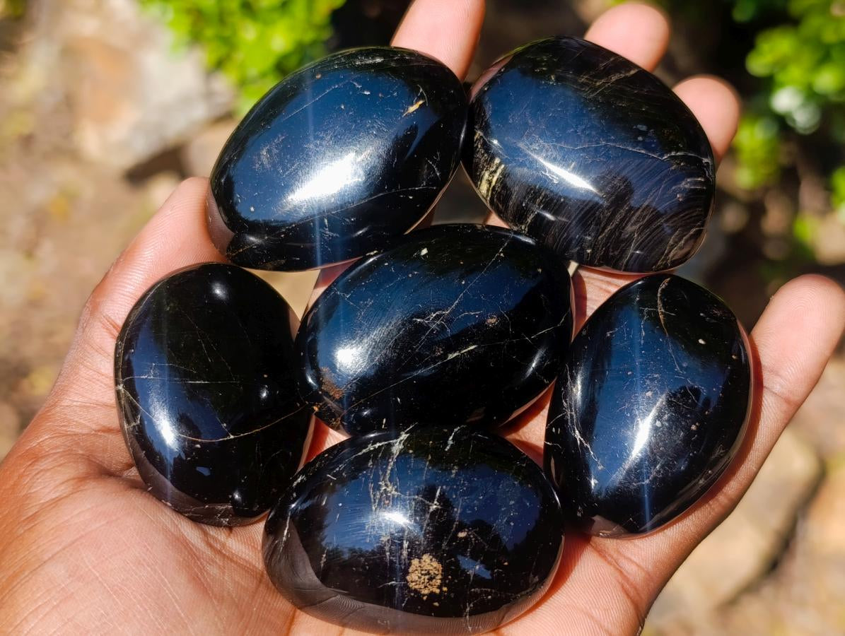 Polished Black Tourmaline Galets x 20 From Madagascar - Toprock Gemstones and Minerals 