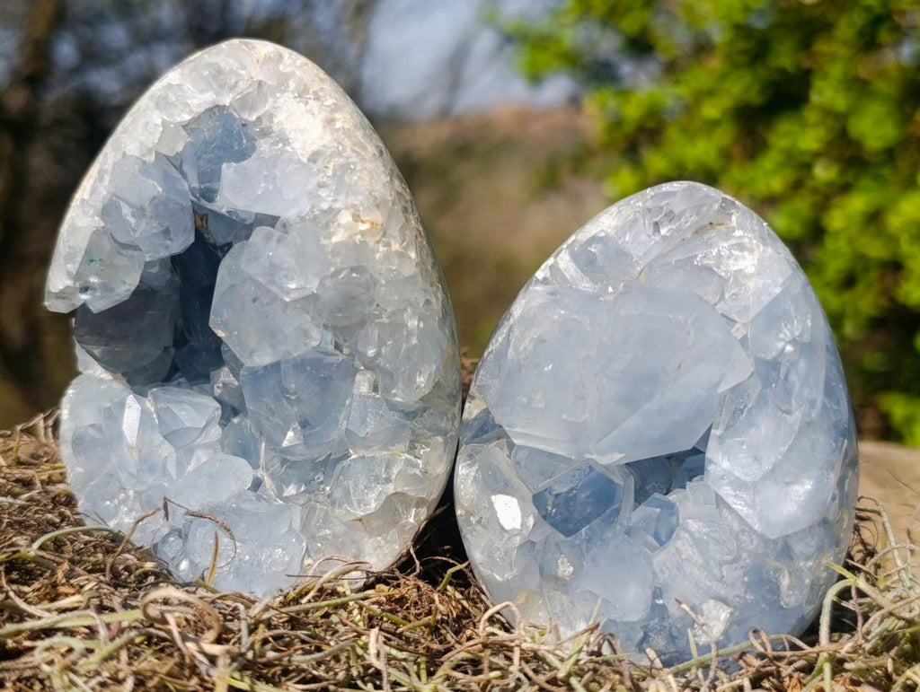 Polished and Natural Blue Celestite Eggs x 3 From Sakoany, Madagascar - Toprock Gemstones and Minerals 