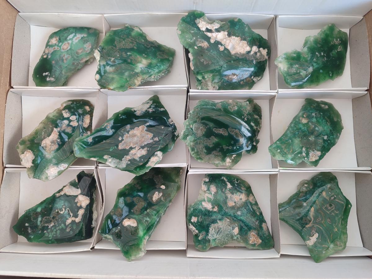 Polished One Side Mtorolite Chrysoprase Slices x 12 From Mutorashanga, Zimbabwe - Toprock Gemstones and Minerals 