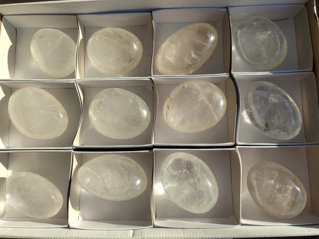 Polished Large Clear Quartz Crystal Palm Stones x 12 From Madagascar - Toprock Gemstones and Minerals 