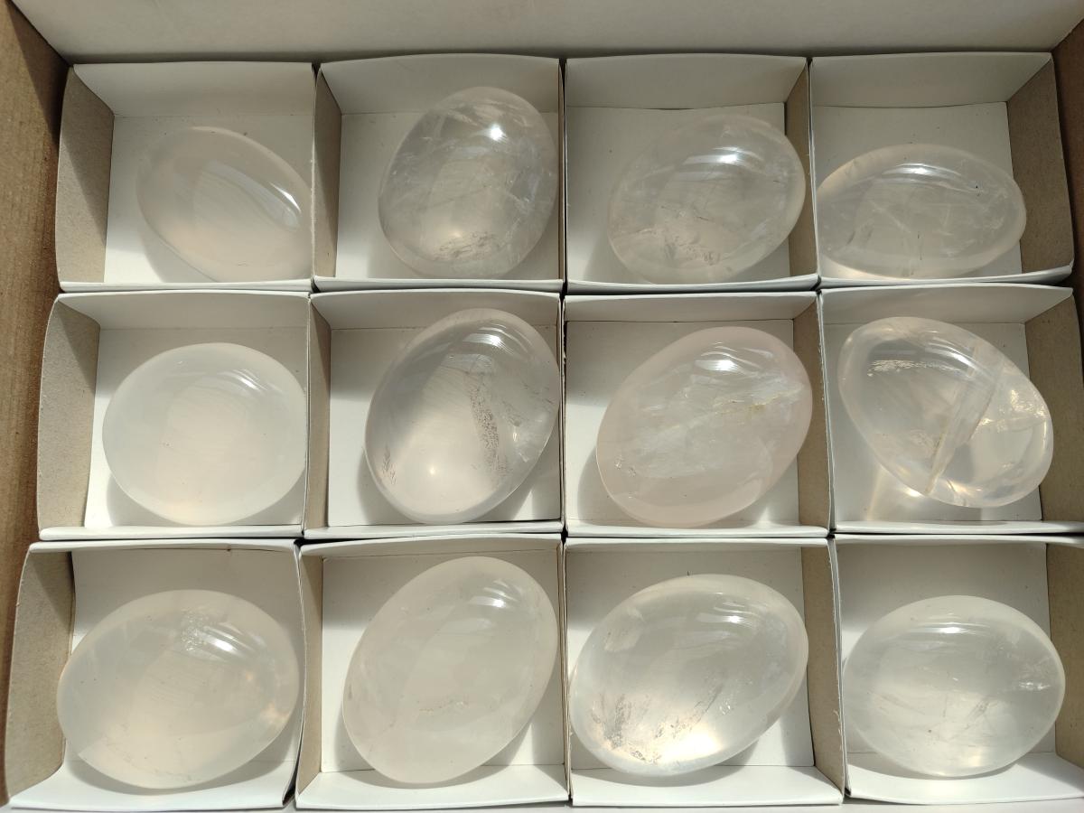Polished Girasol Pearl Quartz Palm Stones x 12 From Ambatondrazaka, Madagascar - Toprock Gemstones and Minerals 