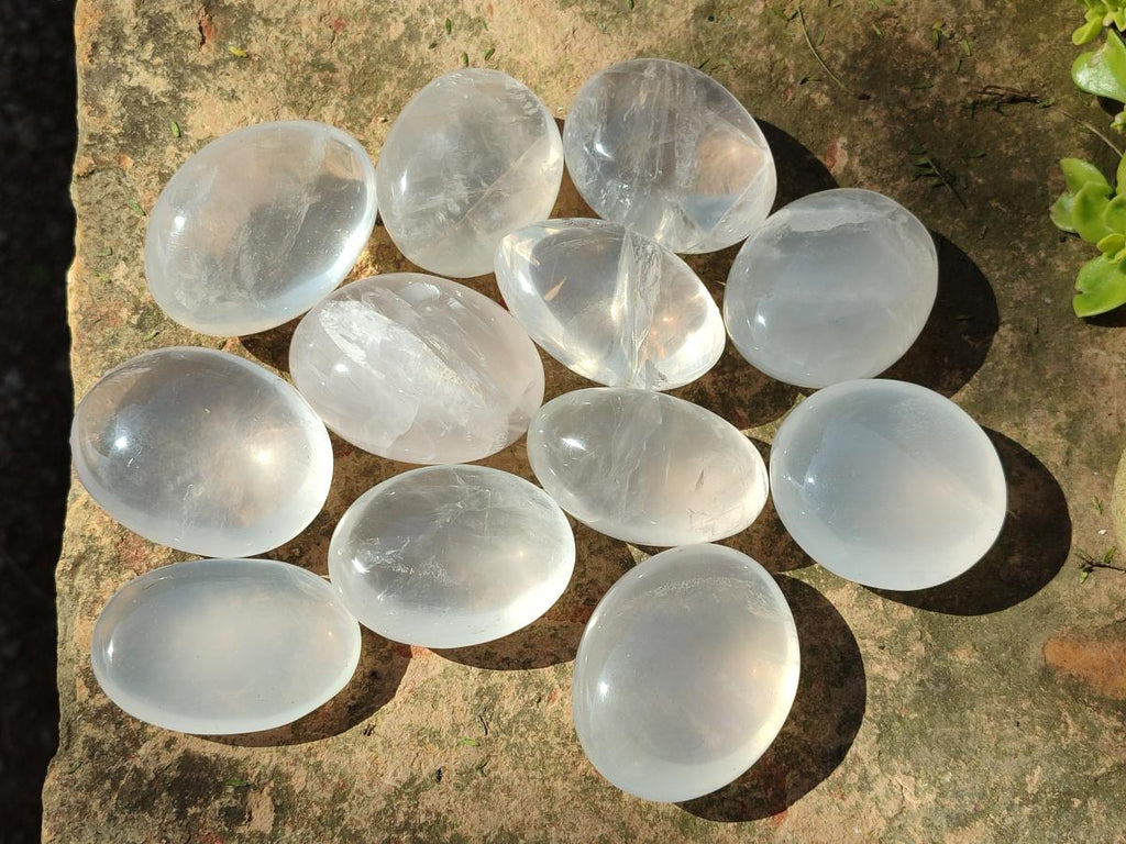 Polished Girasol Pearl Quartz Palm Stones x 12 From Ambatondrazaka, Madagascar - Toprock Gemstones and Minerals 