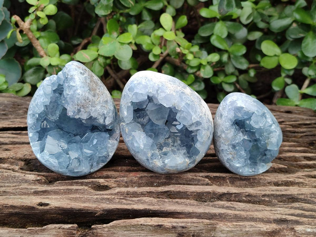 Polished and Natural Blue Celestite Eggs x 3 From Sakoany, Madagascar - Toprock Gemstones and Minerals 