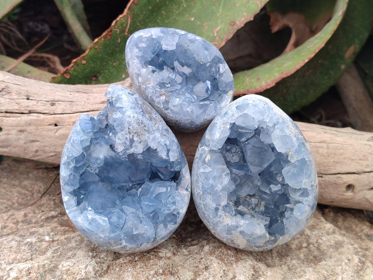 Polished and Natural Blue Celestite Eggs x 3 From Sakoany, Madagascar - Toprock Gemstones and Minerals 