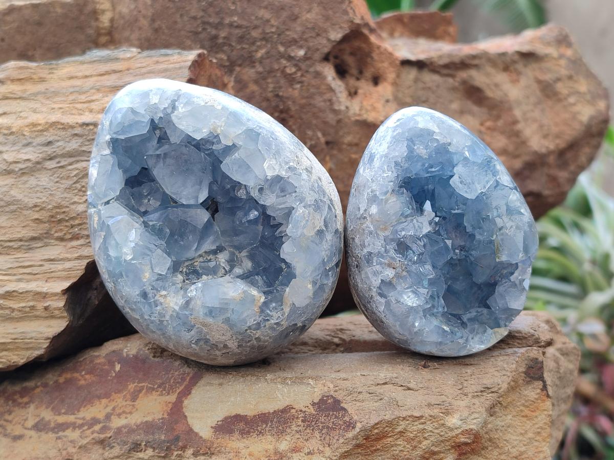 Polished and Natural Blue Celestite Eggs x 3 From Sakoany, Madagascar - Toprock Gemstones and Minerals 