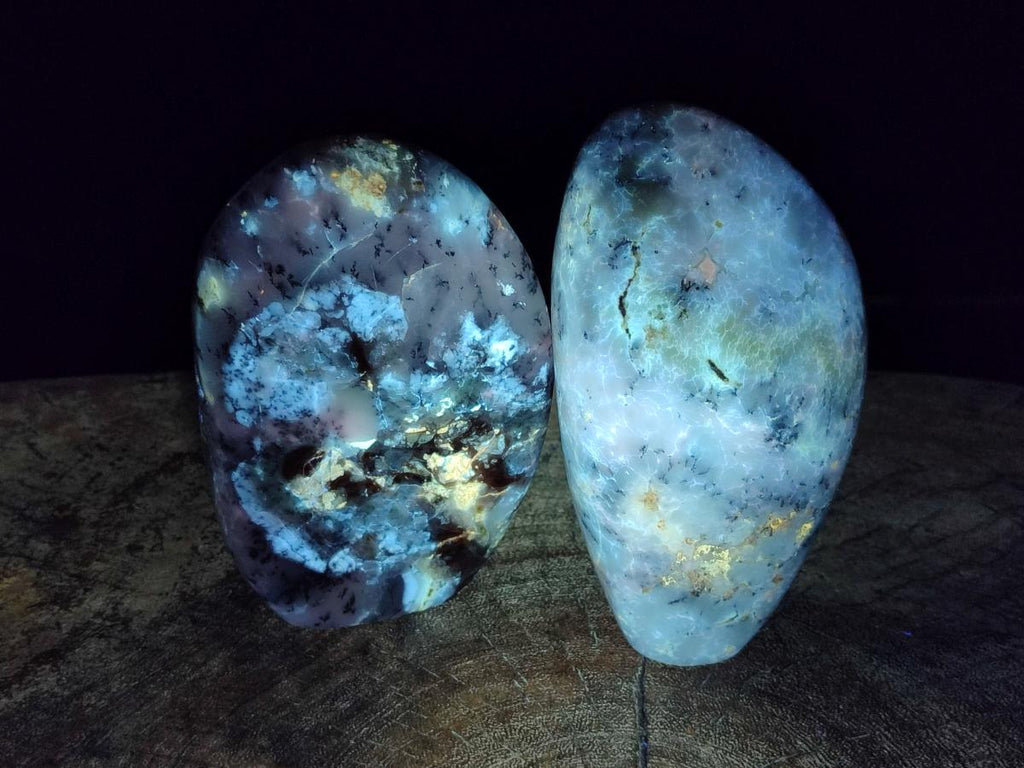 Polished and Natural Fluorescent Dendritic White Opal Standing Display Pieces x 2 From Moralambo, Madagascar - Toprock Gemstones and Minerals 