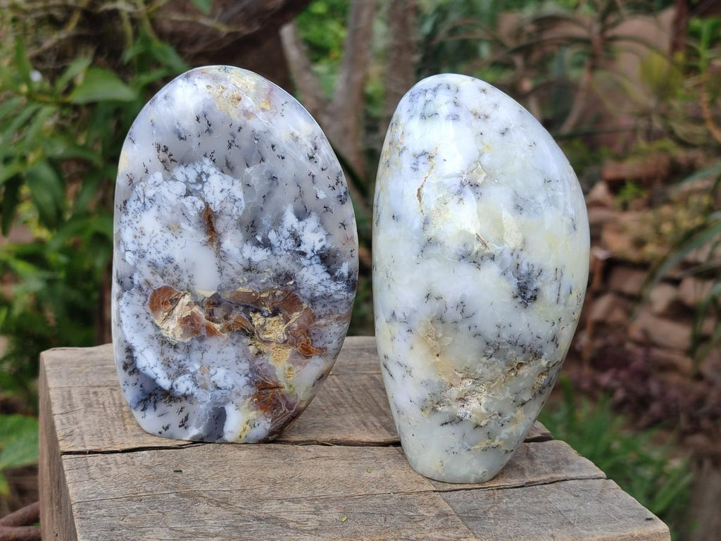 Polished and Natural Fluorescent Dendritic White Opal Standing Display Pieces x 2 From Moralambo, Madagascar - Toprock Gemstones and Minerals 