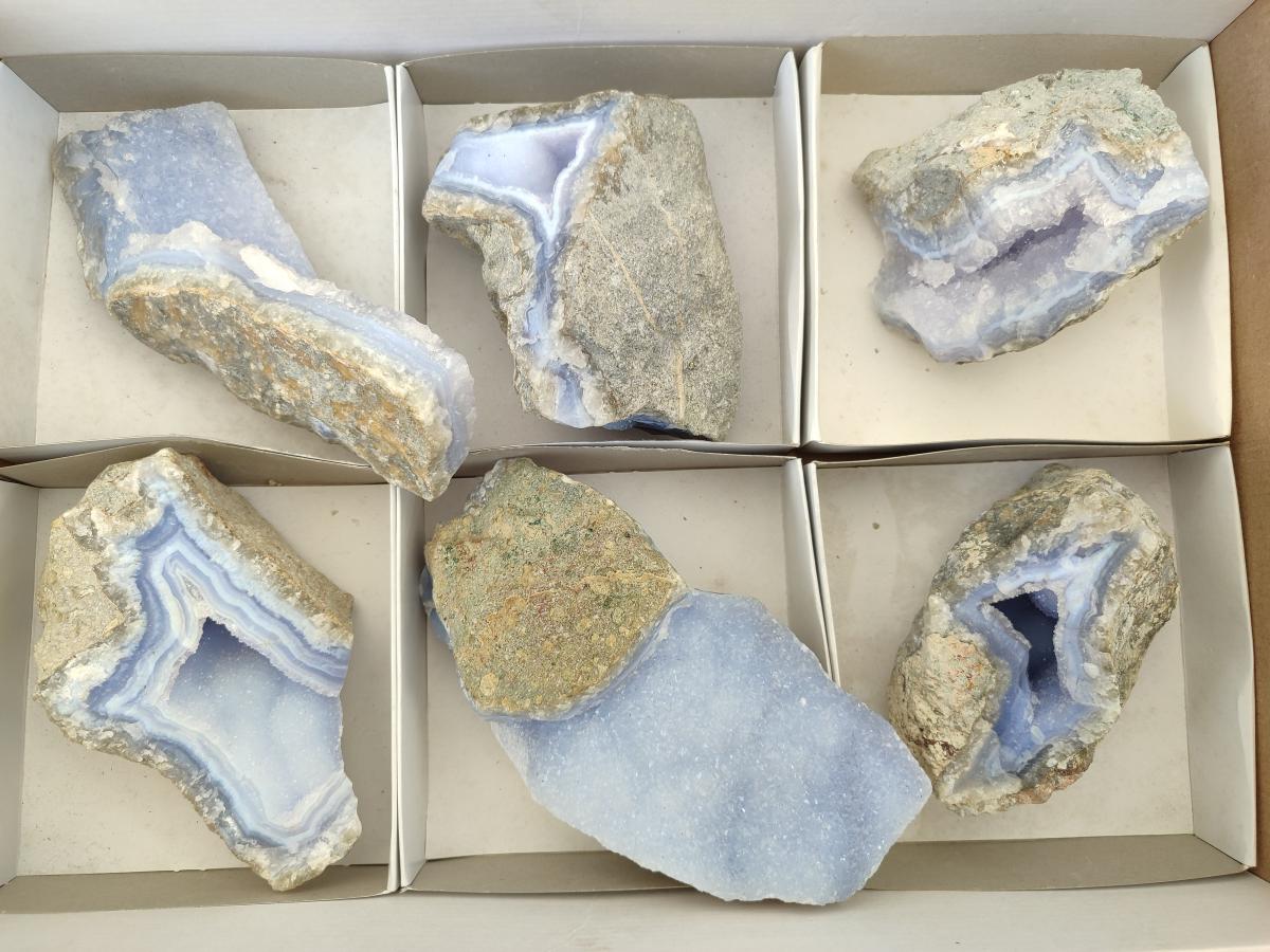 Natural Blue Lace Agate Geode Specimens x 6 From Nsanje, Malawi - Toprock Gemstones and Minerals 