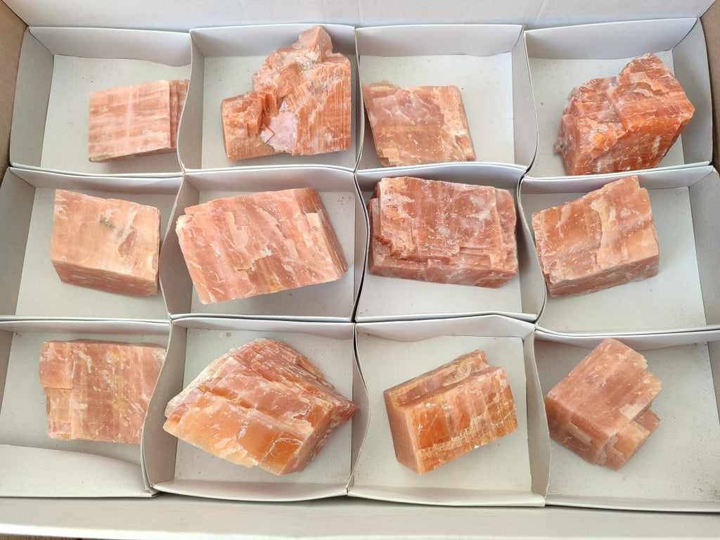 Natural Rhombohedral Sunset Deep Orange Calcite Specimens x 12 From Spitzkop, Namibia - Toprock Gemstones and Minerals 