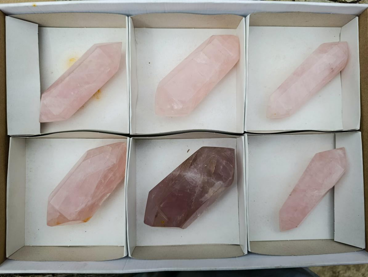Polished Double Terminated Gemmy Rose Quartz Crystals x 6 From Madagascar - Toprock Gemstones and Minerals 