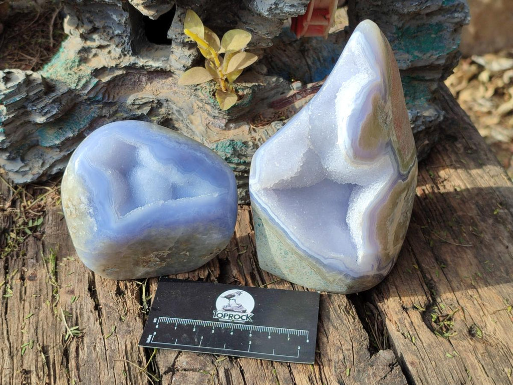 Polished and Natural Blue Lace Agate Standing Display Pieces x 2 From Nsanje, Malawi - Toprock Gemstones and Minerals 