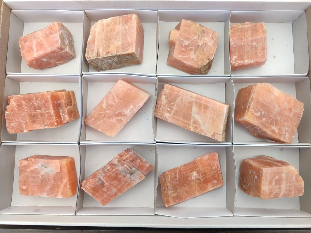 Natural Rhombohedral Sunset Orange Calcite Specimens x 12 From Spitzkop, Namibia - Toprock Gemstones and Minerals 