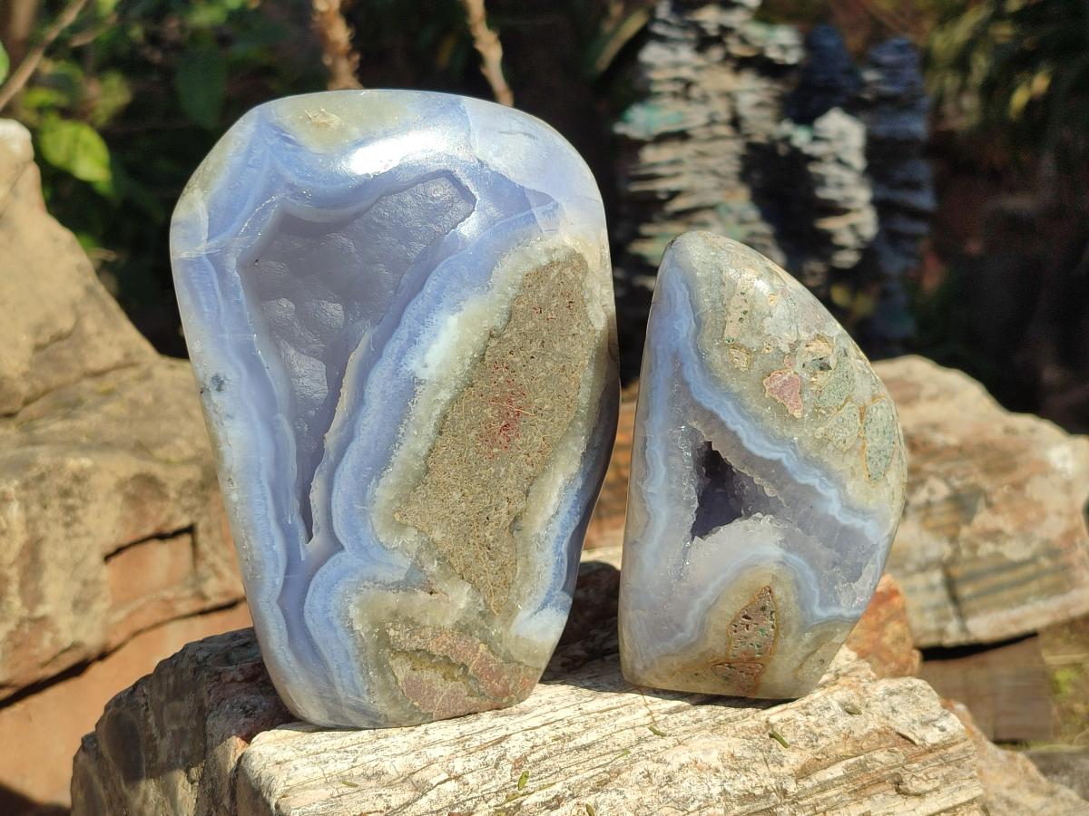 Polished and Natural Blue Lace Agate Standing Display Pieces x 2 From Nsanje, Malawi - Toprock Gemstones and Minerals 