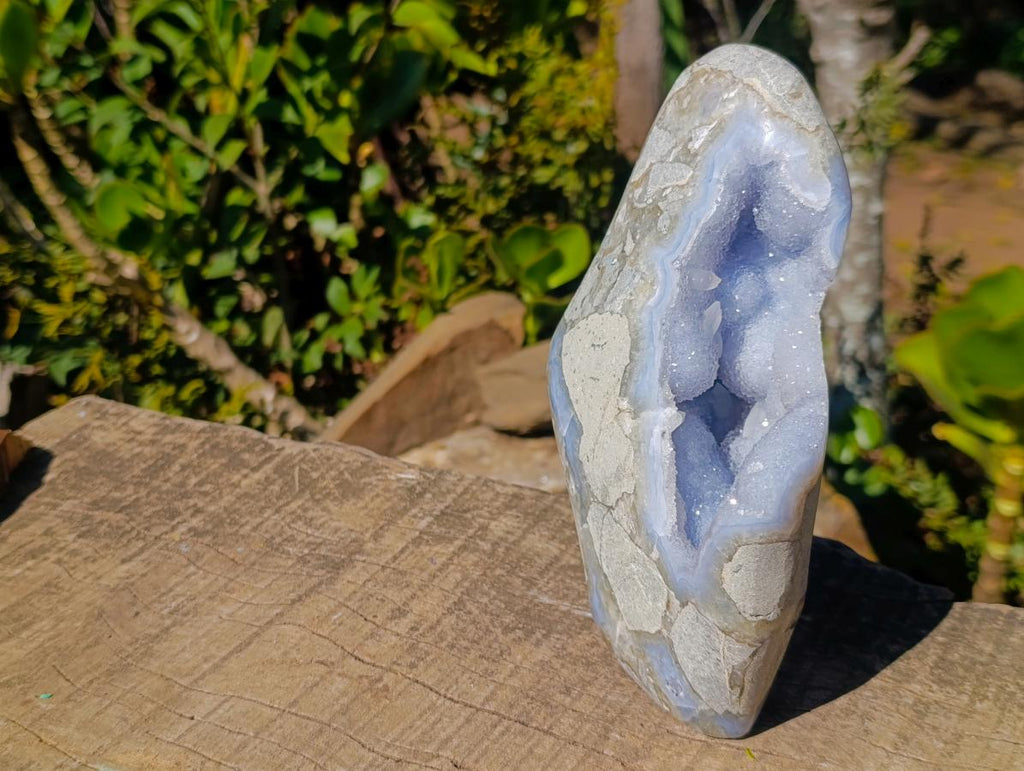 Polished Large Blue Lace Agate Standing Display Piece with Dog Tooth Calcite x 1 From Nsanje, Malawi - Toprock Gemstones and Minerals 