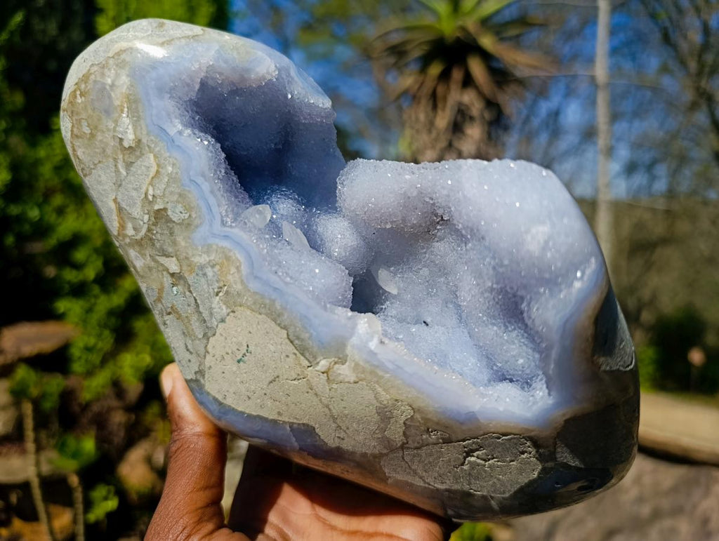 Polished Large Blue Lace Agate Standing Display Piece with Dog Tooth Calcite x 1 From Nsanje, Malawi - Toprock Gemstones and Minerals 